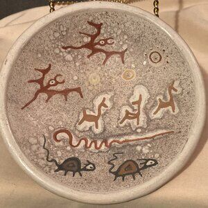 Art Pottery 5.25" HangingPlate Hieroglyphs Brown/Black Animals-Mexico-Signed EUC